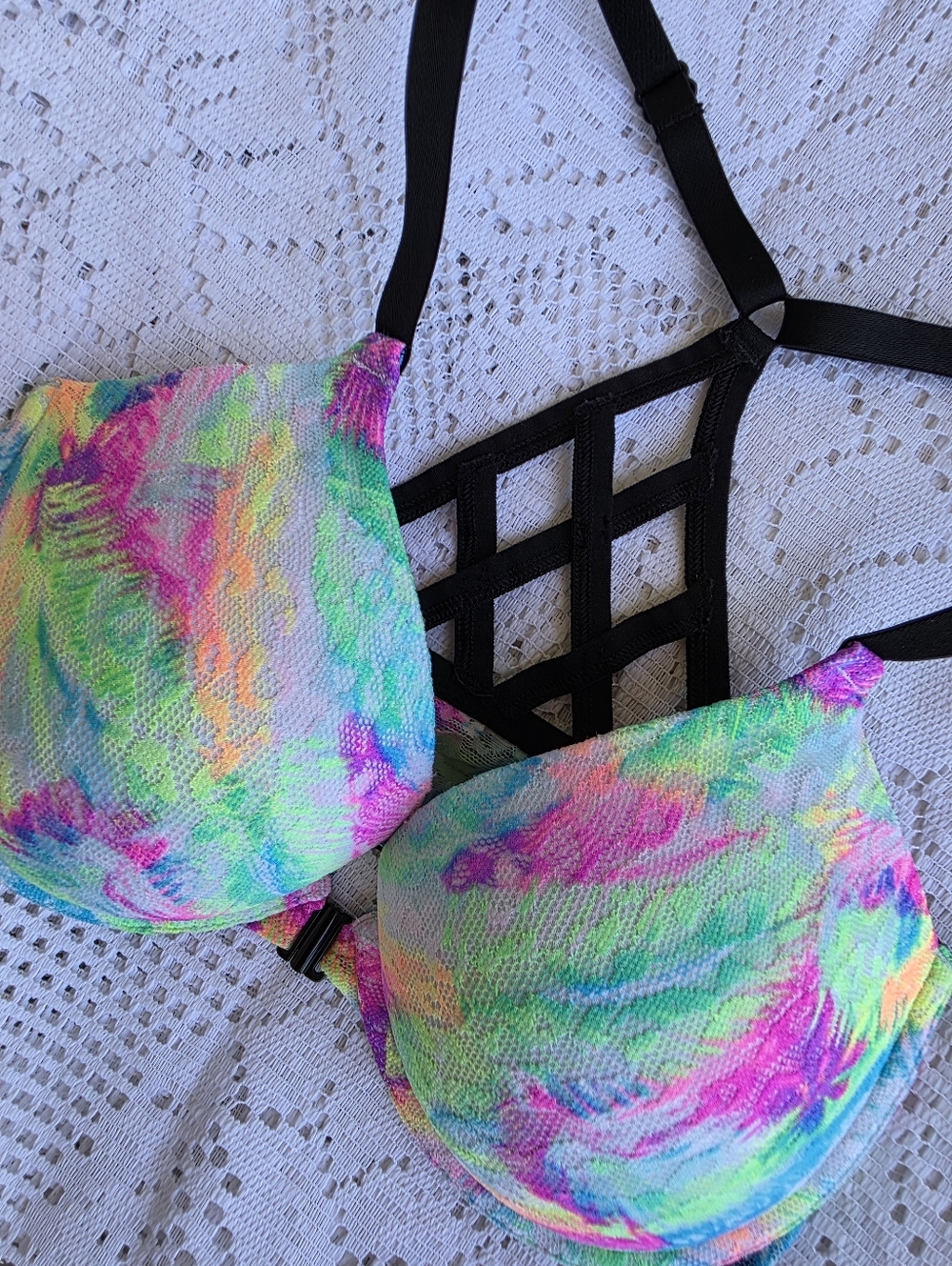 PINK Victoria's Secret Push Up Bra 32DD Front Closure Lace Underwire Padded Neon - Picture 2 of 12
